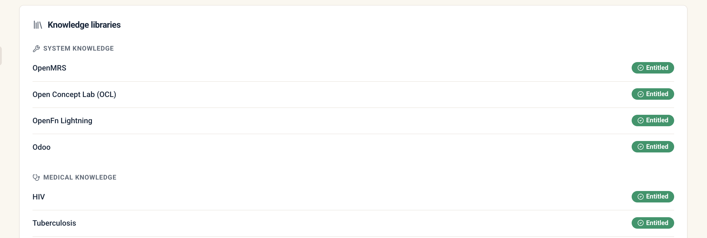Marketplace knowledge libraries: system knowledge (OpenMRS, Open Concept Lab, OpenFn Lightning, Odoo) and medical knowledge (HIV, Tuberculosis), each grantable per organization.