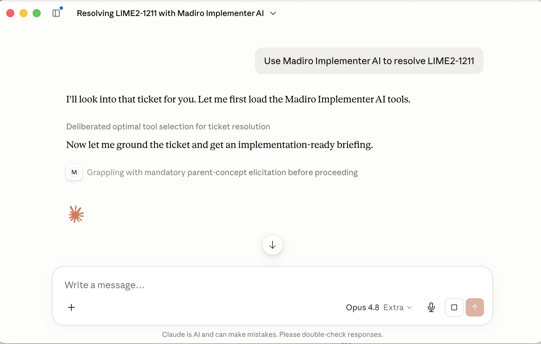Claude Desktop resolving the same ticket via Madiro Implementer AI: it loads the tools and grounds the ticket for an implementation-ready briefing.